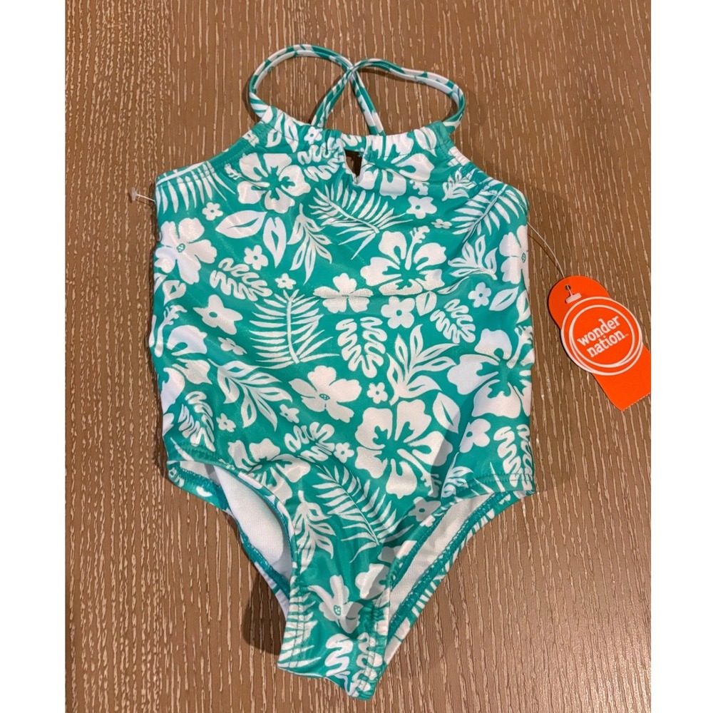 Wonder Nation Girls 2T One Piece Swimsuit Tropical Floral Green White NWT